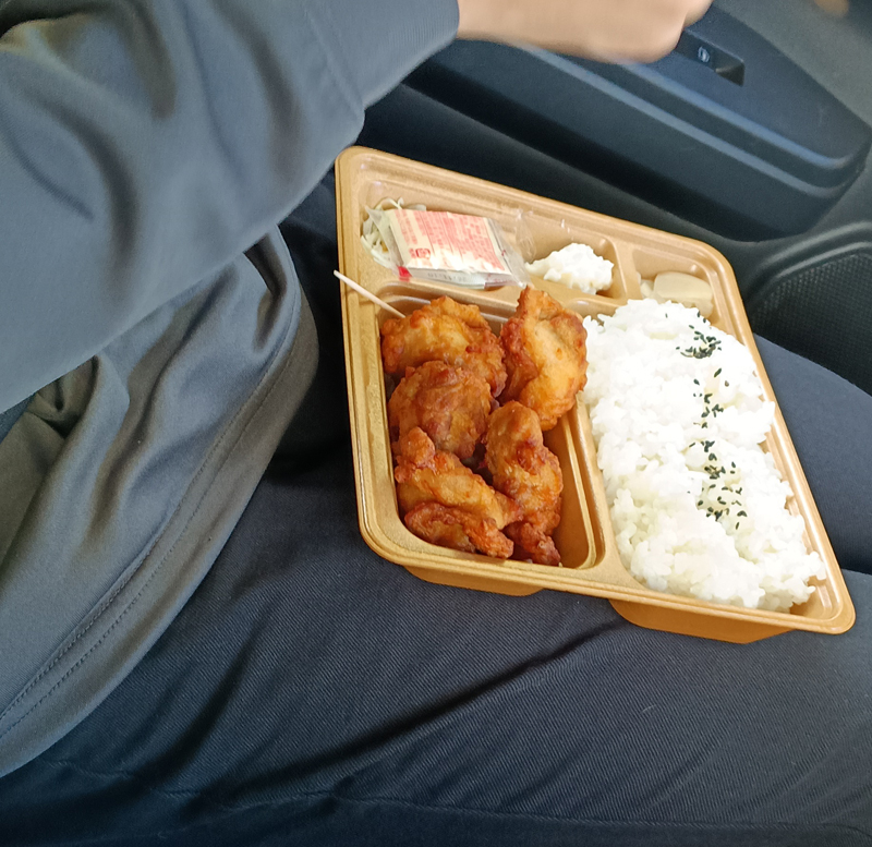 車内で唐揚げ弁当を食べる甥っ子